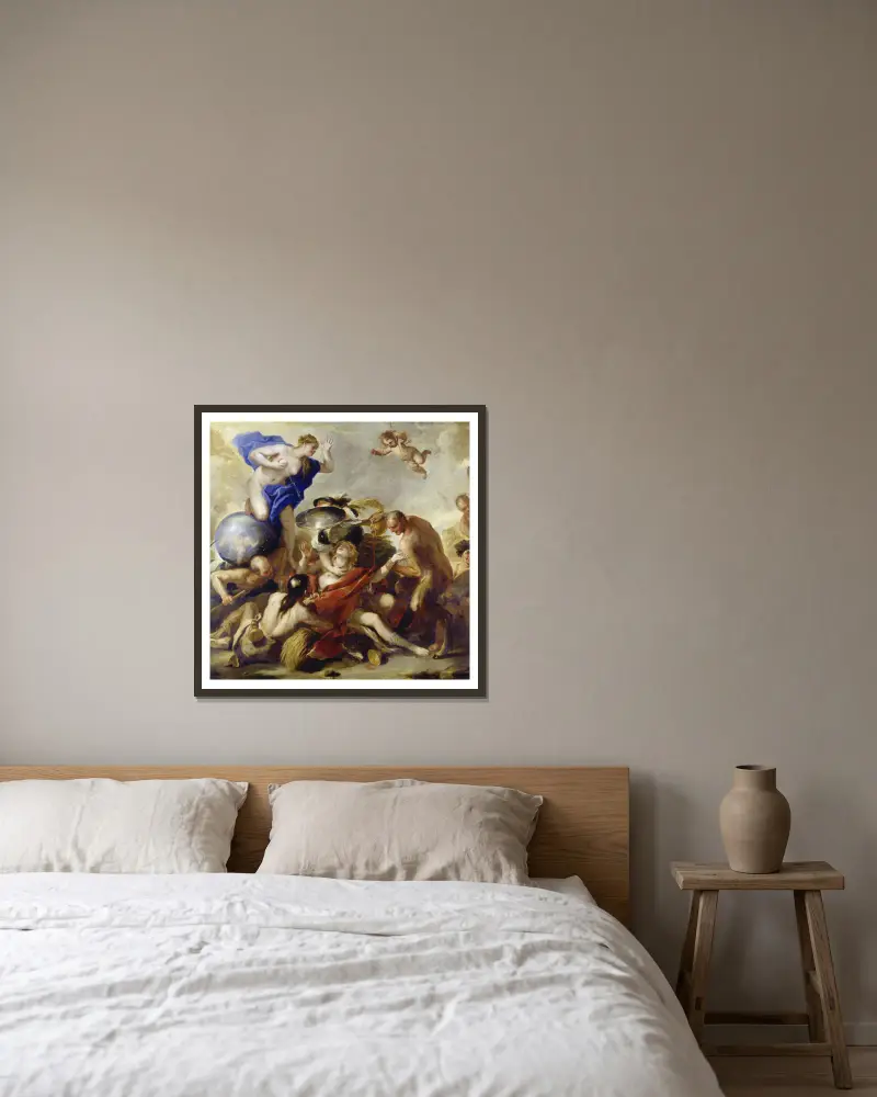 Youth Tempted by the Vices av Luca Giordano inramad på en vägg