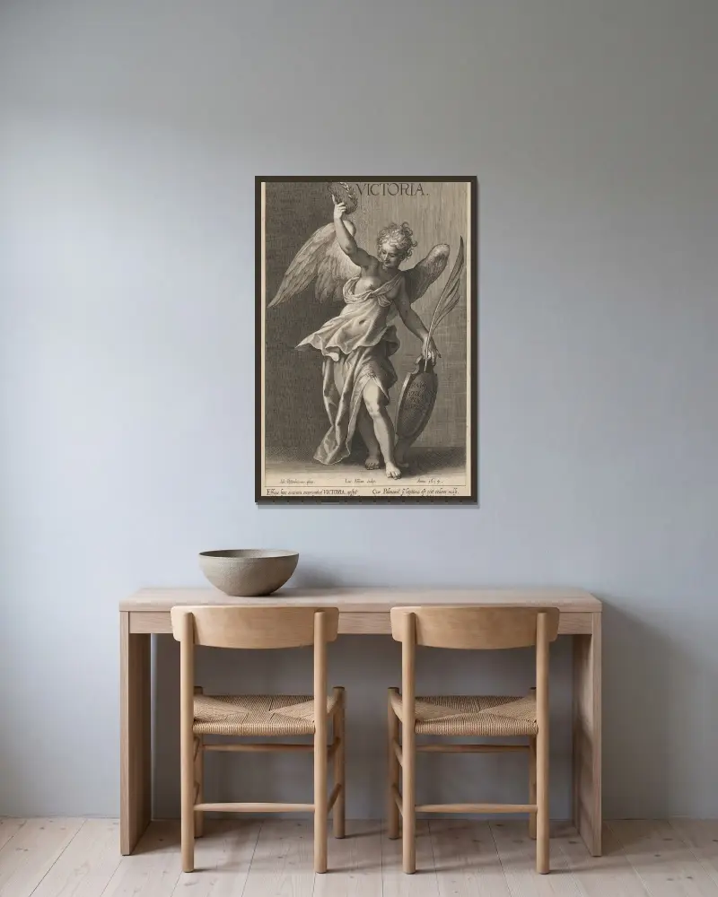 Allegory of Victory av Lucas Kilian inramad på en vägg