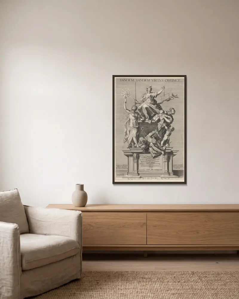 Allegory of Virtue with Justice (Justitia) flanked by Time (Tempus) and Charity (Caritas) av Lucas Kilian inramad på en vägg
