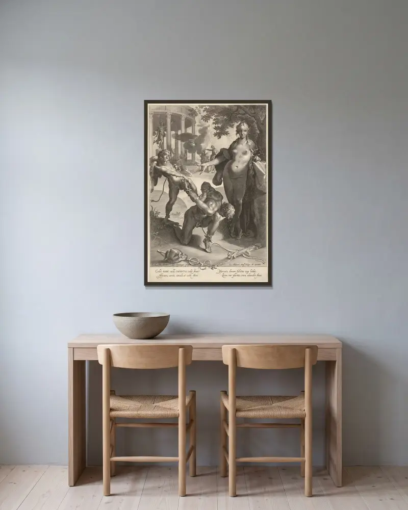 Amor fesselt Merkur, während Venus zusieht von Lucas Kilian gerahmt an einer Wand