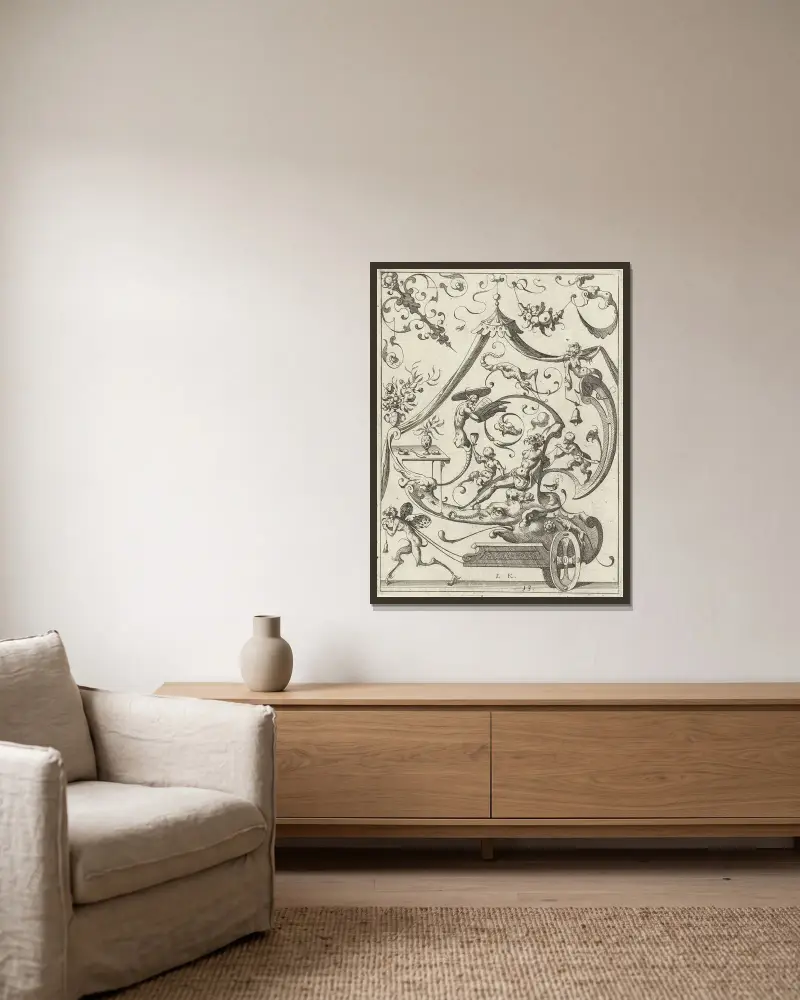 Dekoration mit Grotesken, 1607 – Nr. 7 von Lucas Kilian gerahmt an einer Wand