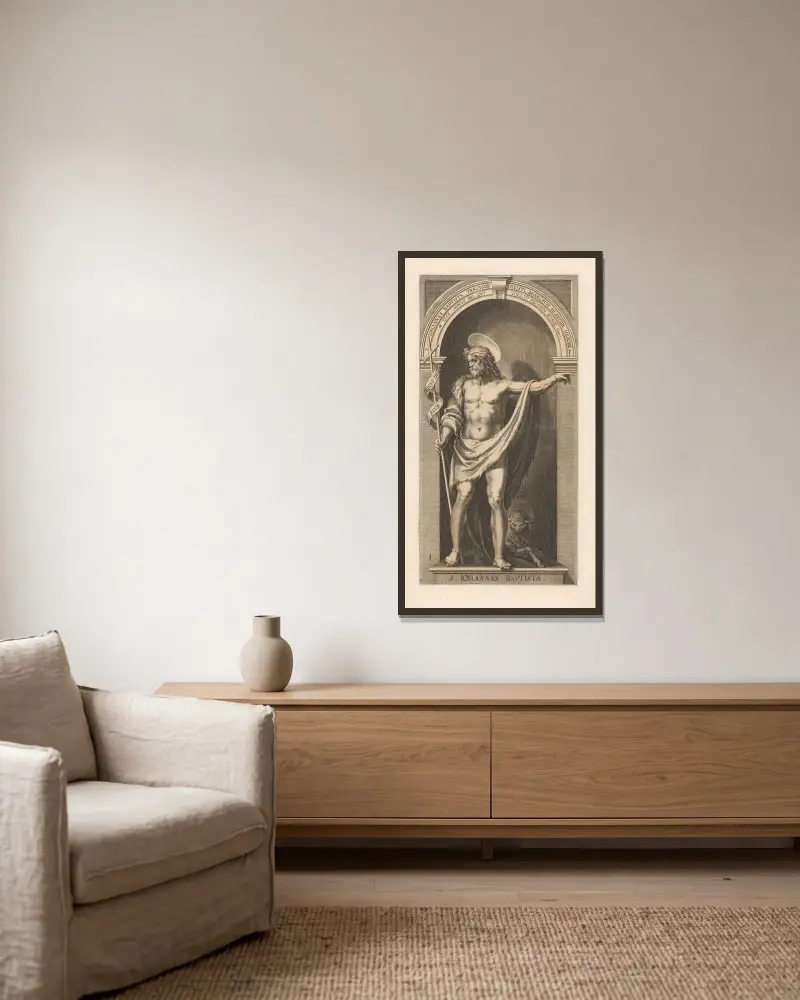 Johannes der Täufer von Lucas Kilian gerahmt an einer Wand