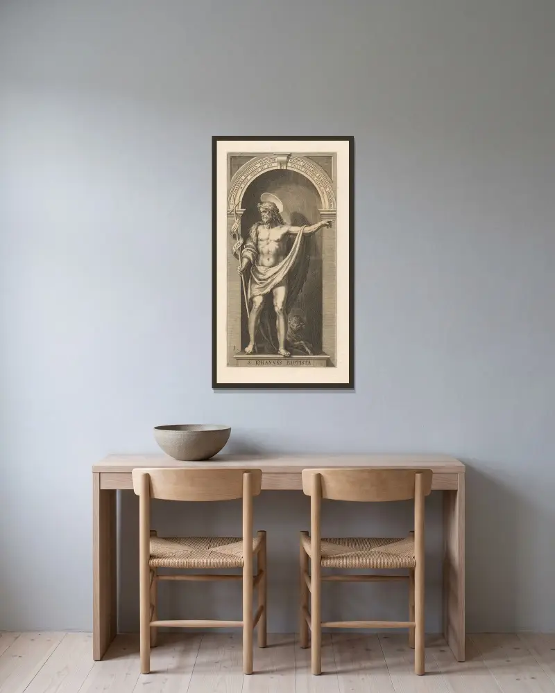 Johannes der Täufer von Lucas Kilian gerahmt an einer Wand