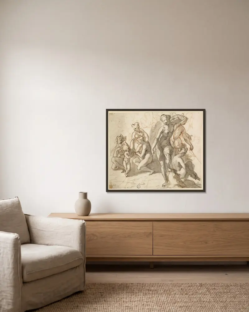 Skizze einer Figurengruppe von Lucas Kilian gerahmt an einer Wand