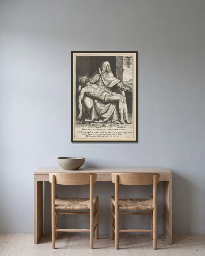 Kristi klagovisas (Pietà) av Lucas Kilian inramad på en vägg