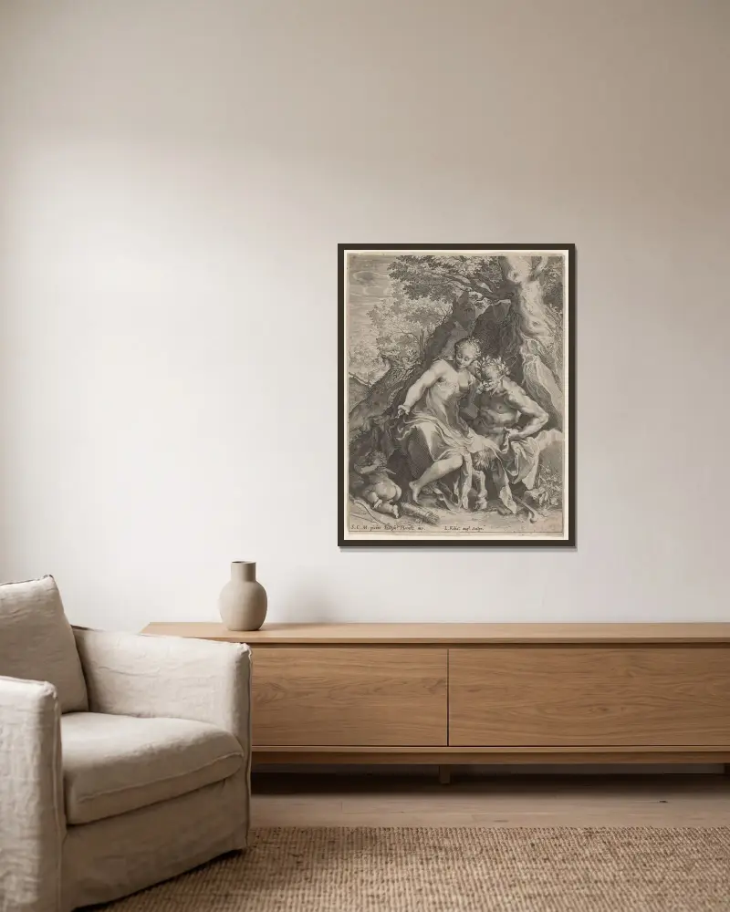 Nymphe auf dem Knie eines Satyrs von Lucas Kilian gerahmt an einer Wand