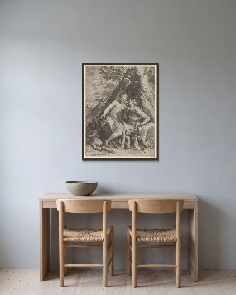 Nymphe auf dem Knie eines Satyrs von Lucas Kilian gerahmt an einer Wand