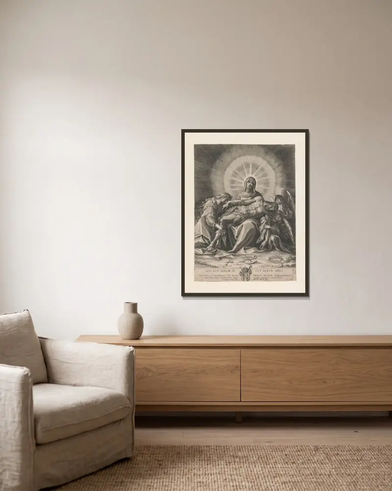 Pietà von Lucas Kilian gerahmt an einer Wand