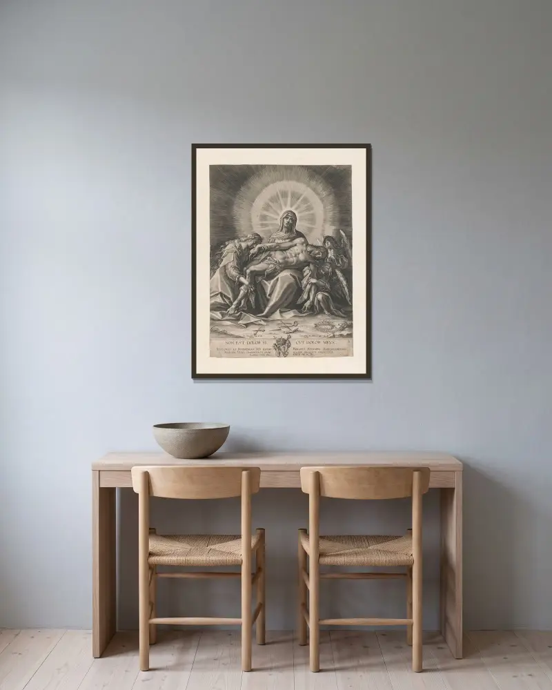 Pietà von Lucas Kilian gerahmt an einer Wand