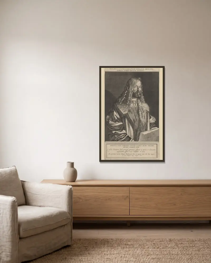 Portrait of Albrecht Dürer av Lucas Kilian inramad på en vägg