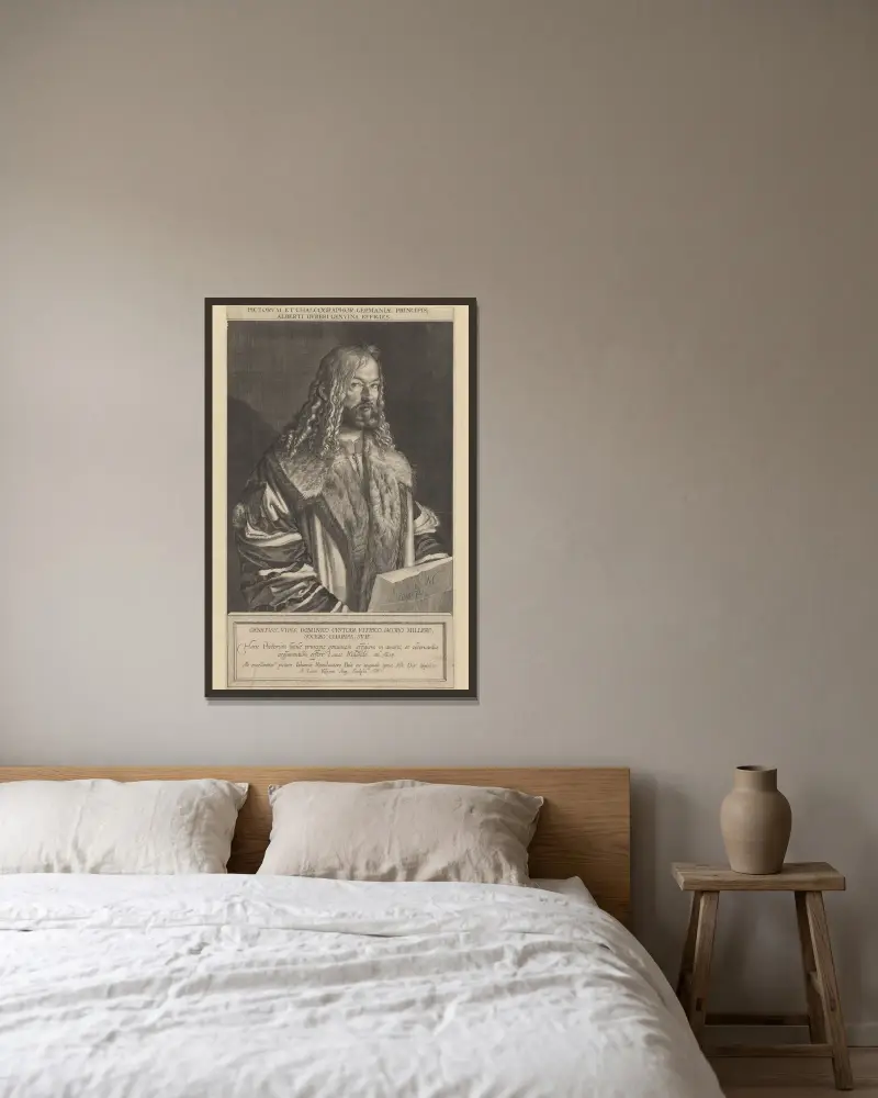 Portrait of Albrecht Dürer av Lucas Kilian inramad på en vägg