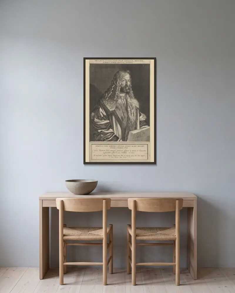 Portrait of Albrecht Dürer av Lucas Kilian inramad på en vägg