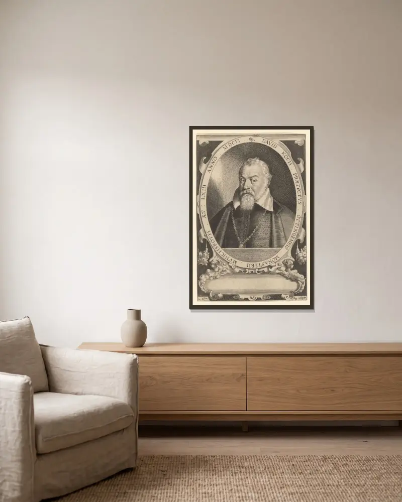 Portrait of David Koch av Lucas Kilian inramad på en vägg