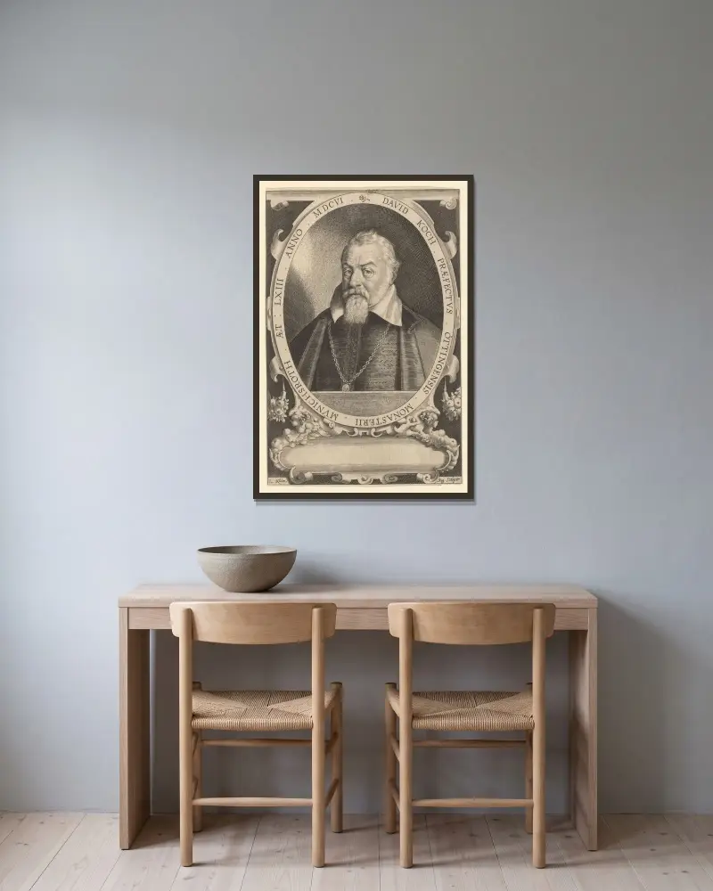 Portrait of David Koch av Lucas Kilian inramad på en vägg