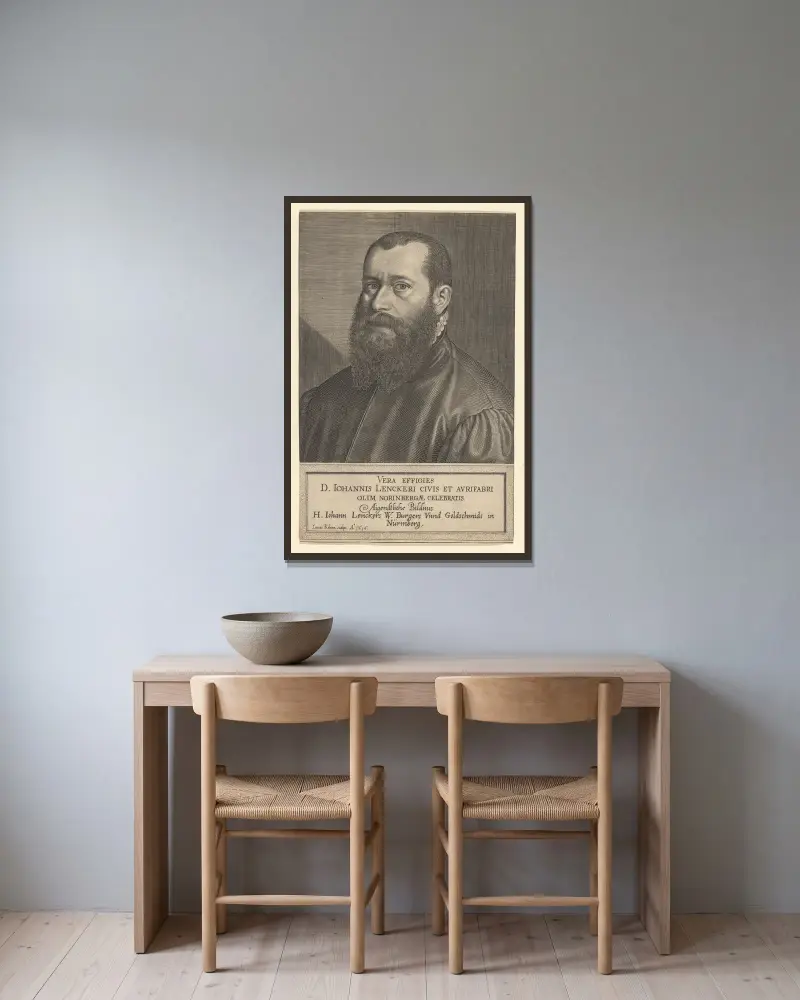 Portrait of Hans Lencker av Lucas Kilian inramad på en vägg