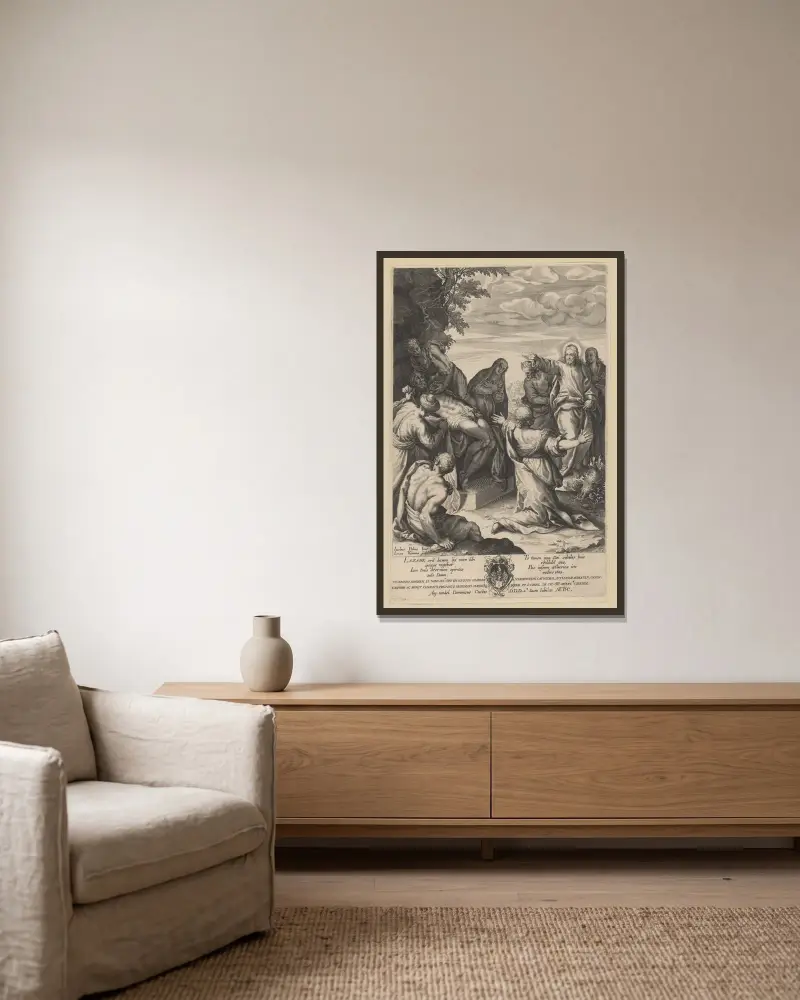 Raising of Lazarus av Lucas Kilian inramad på en vägg