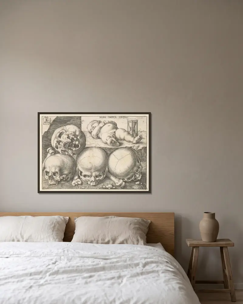 Schlafendes Kind mit vier Totenköpfen von Lucas Kilian gerahmt an einer Wand