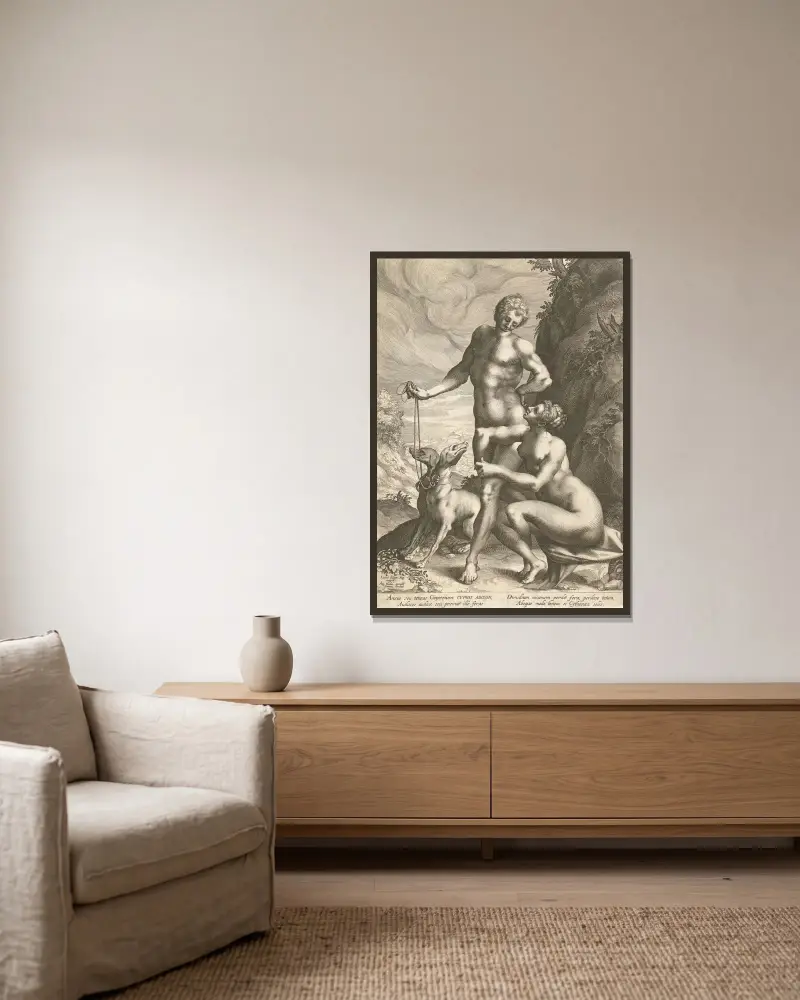Venus und Adonis mit zwei Hunden von Lucas Kilian gerahmt an einer Wand