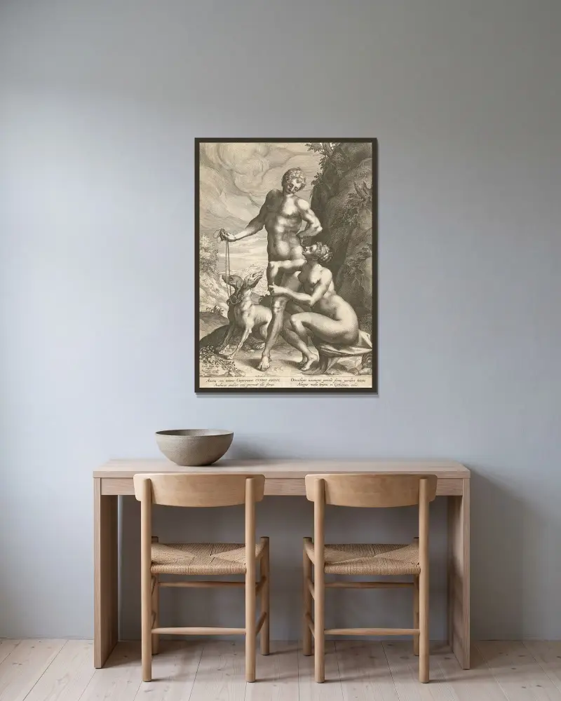 Venus und Adonis mit zwei Hunden von Lucas Kilian gerahmt an einer Wand