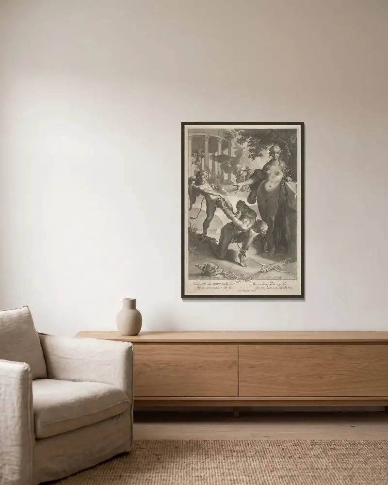 Venus und Amor fesseln Merkur von Lucas Kilian gerahmt an einer Wand