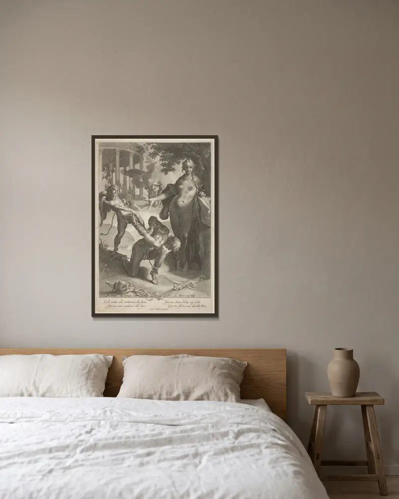 Venus und Amor fesseln Merkur von Lucas Kilian gerahmt an einer Wand