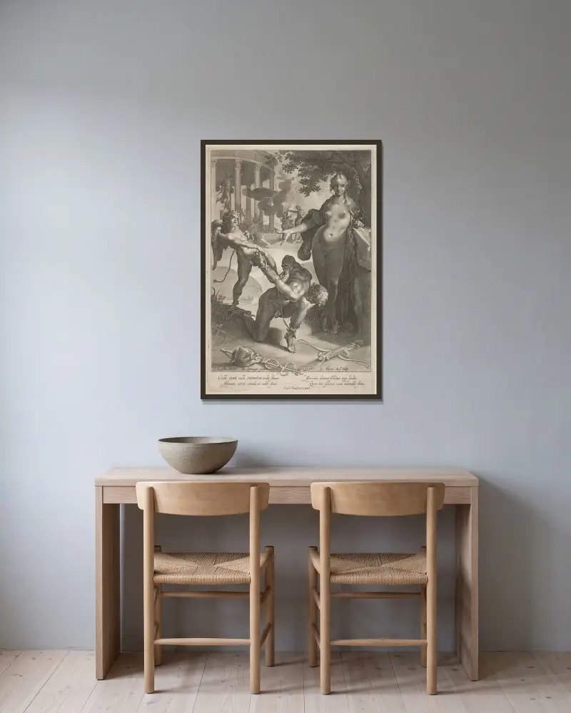 Venus und Amor fesseln Merkur von Lucas Kilian gerahmt an einer Wand
