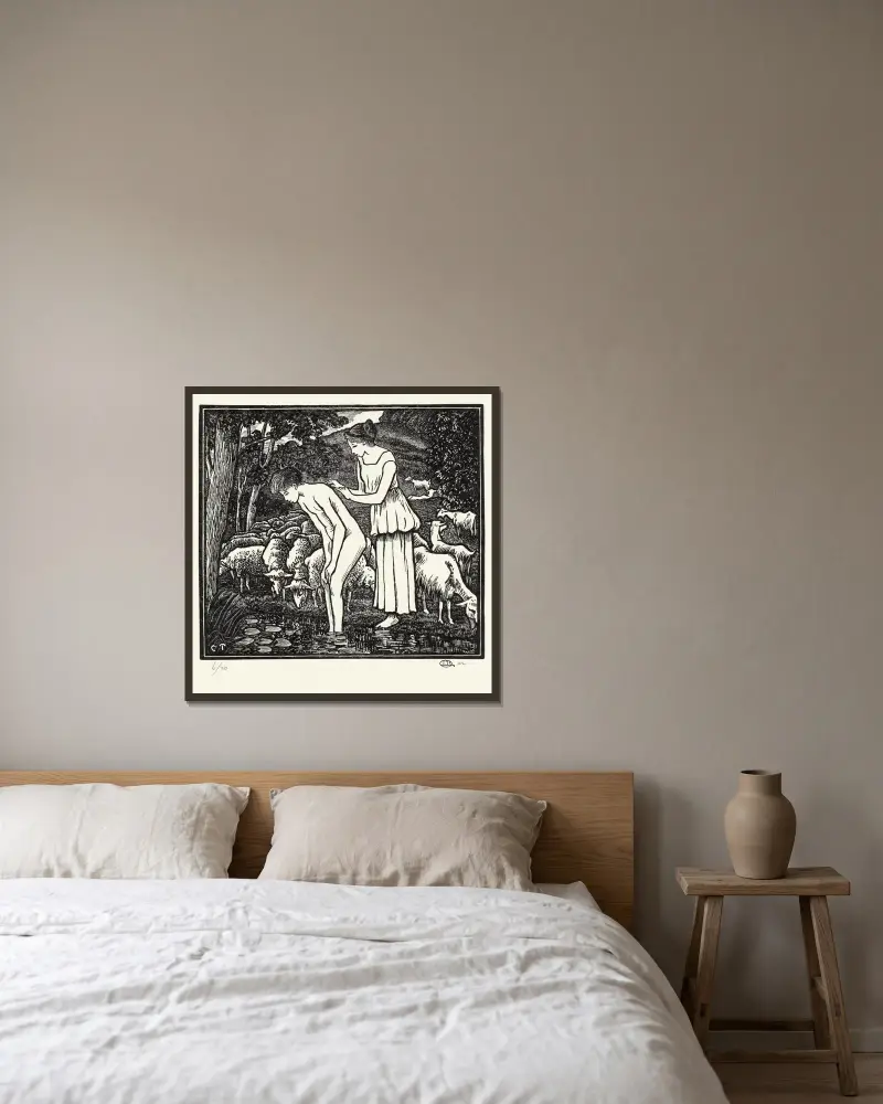 Daphnis tvättas av Cloë av Lucien Pissarro inramad på en vägg