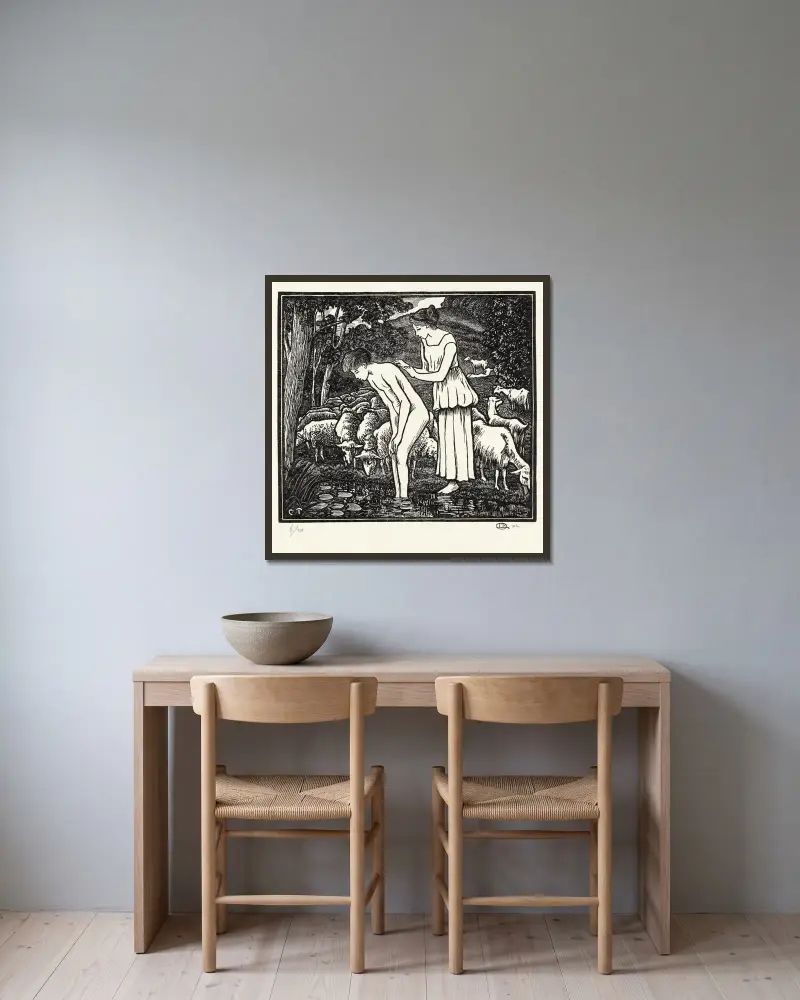 Daphnis tvättas av Cloë av Lucien Pissarro inramad på en vägg