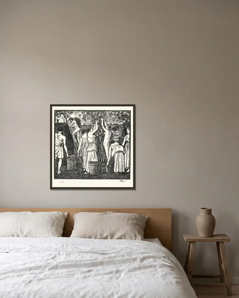 De wijnoogst av Lucien Pissarro inramad på en vägg