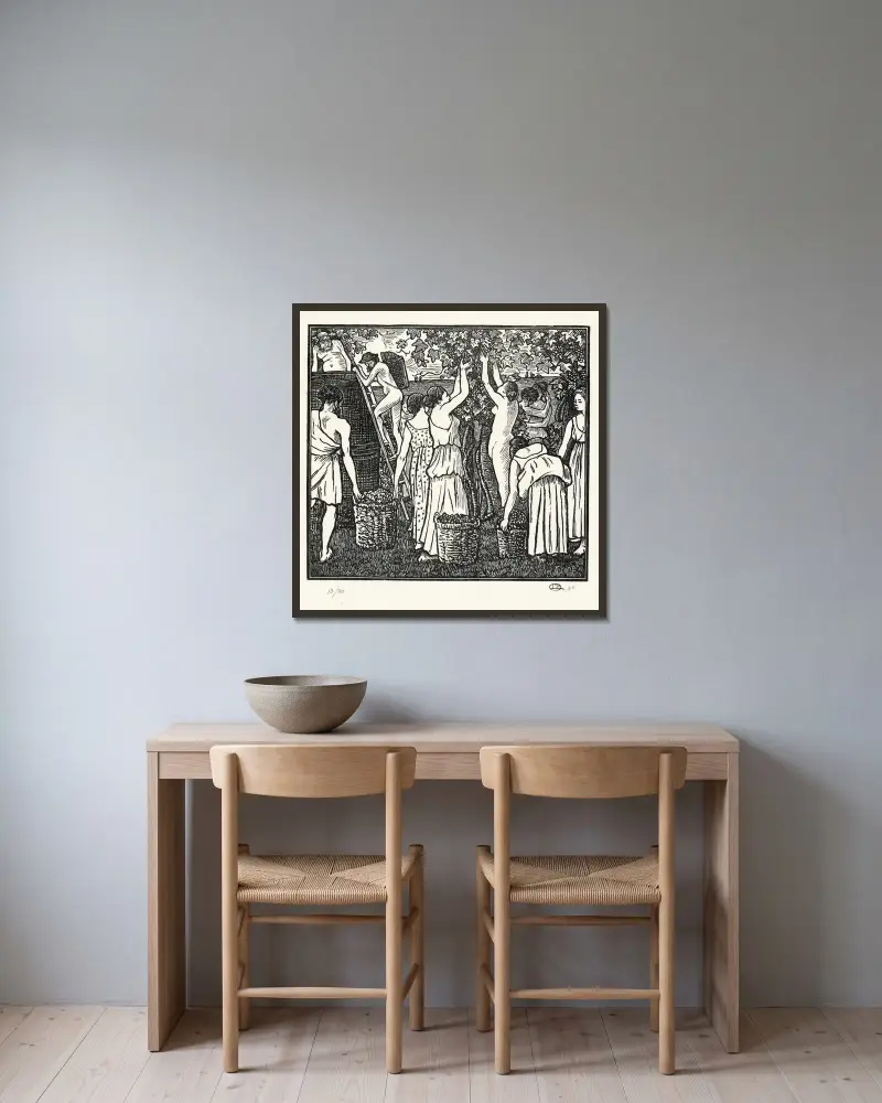 De wijnoogst av Lucien Pissarro inramad på en vägg