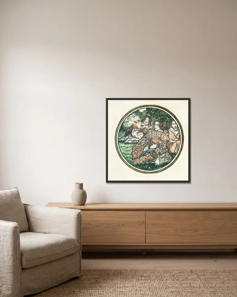 Drie Japanse vrouwen in een tuin av Lucien Pissarro inramad på en vägg