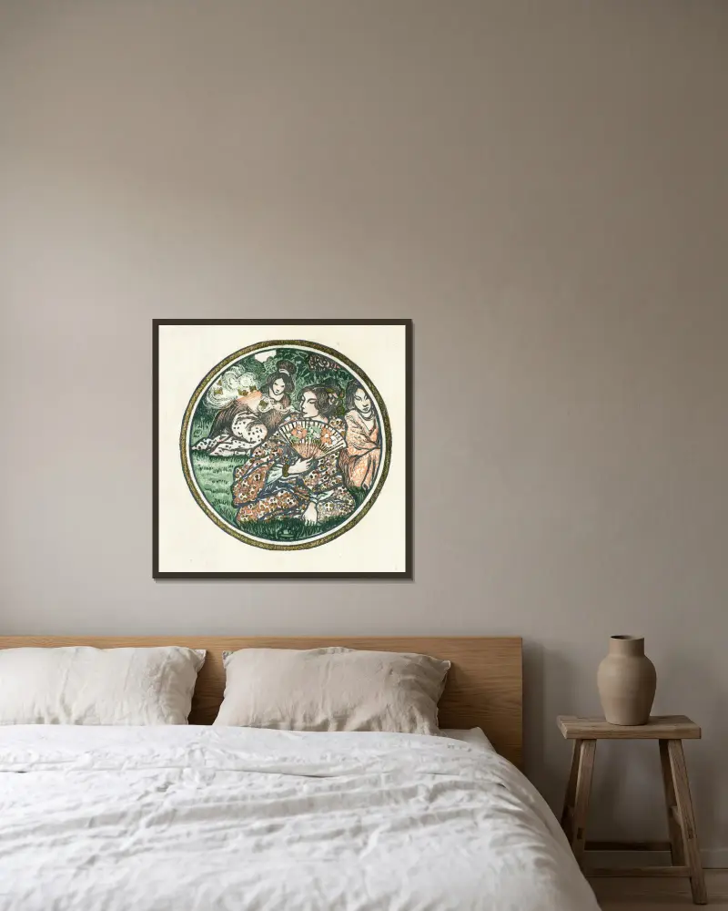 Drie Japanse vrouwen in een tuin av Lucien Pissarro inramad på en vägg