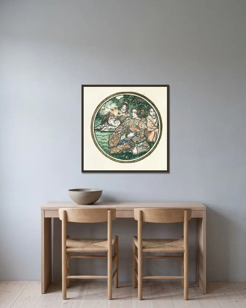Drie Japanse vrouwen in een tuin av Lucien Pissarro inramad på en vägg