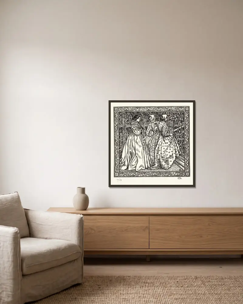 Drie vrouwen in een tuin av Lucien Pissarro inramad på en vägg
