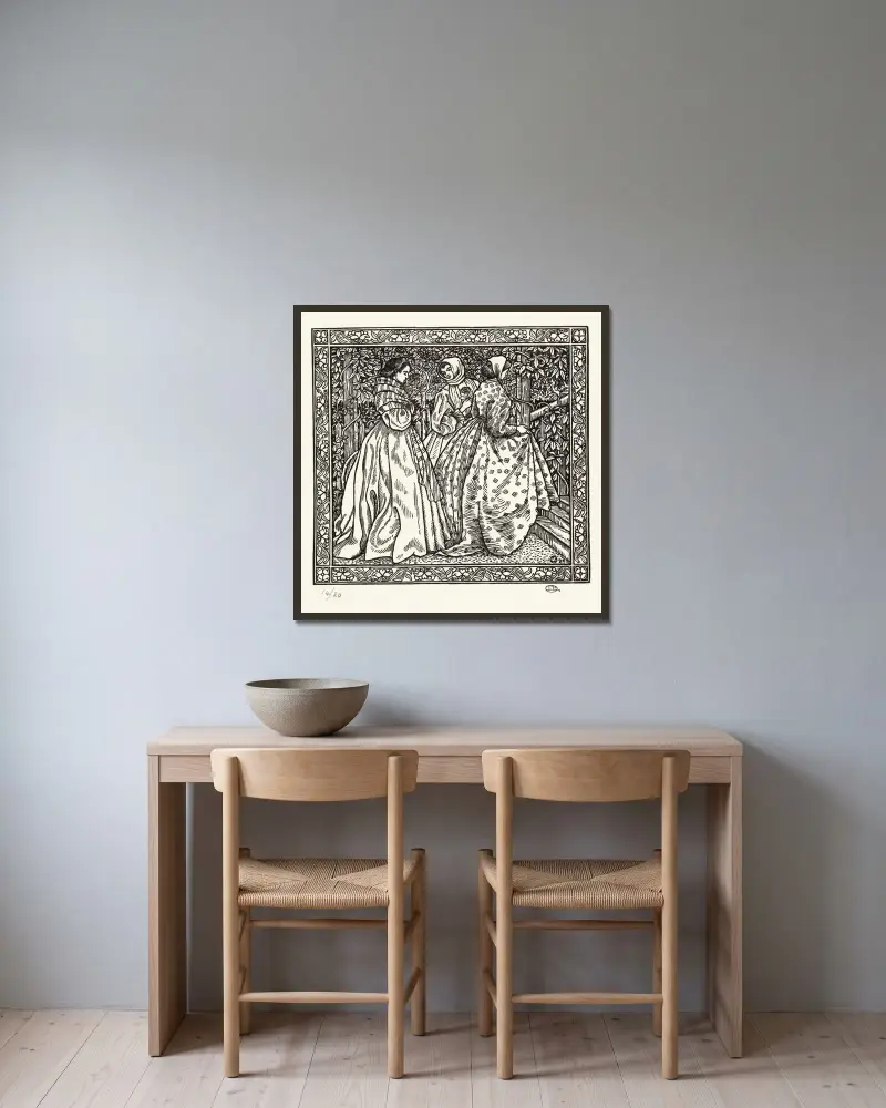 Drie vrouwen in een tuin av Lucien Pissarro inramad på en vägg