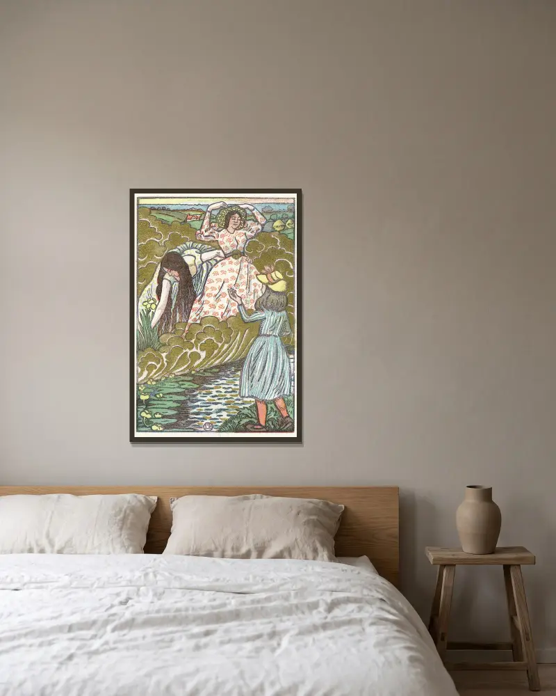 Een meisje en twee vrouwen bij een beek av Lucien Pissarro inramad på en vägg