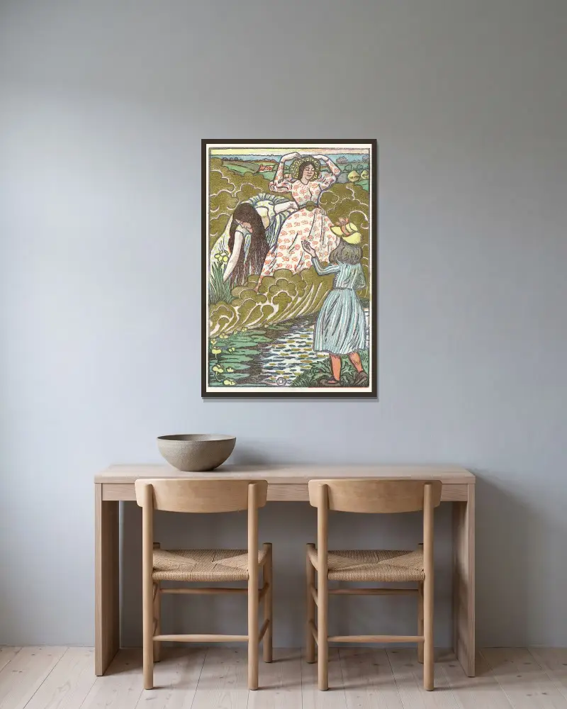 Een meisje en twee vrouwen bij een beek av Lucien Pissarro inramad på en vägg