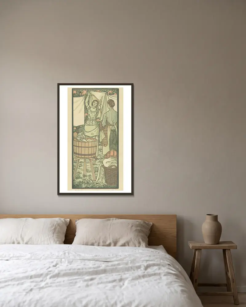 Het ophangen van de was av Lucien Pissarro inramad på en vägg