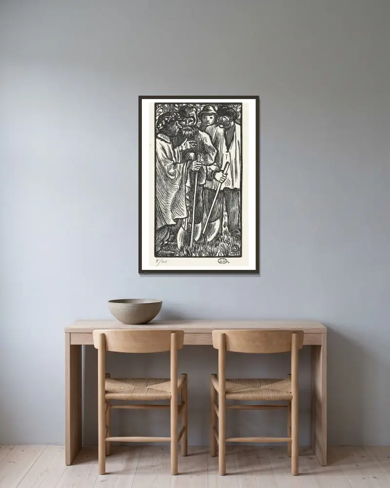 Vedhuggare av Lucien Pissarro inramad på en vägg