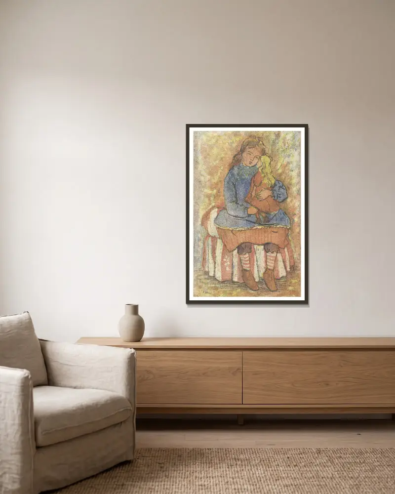 Meisje met pop av Lucien Pissarro inramad på en vägg