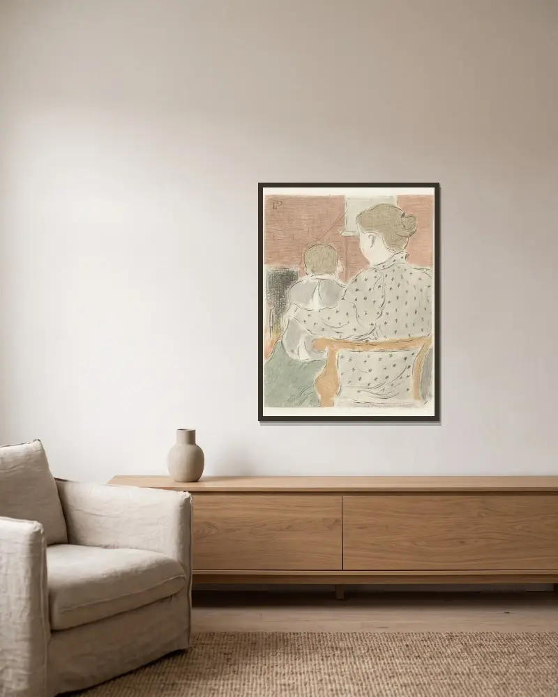 Moeder met kind av Lucien Pissarro inramad på en vägg