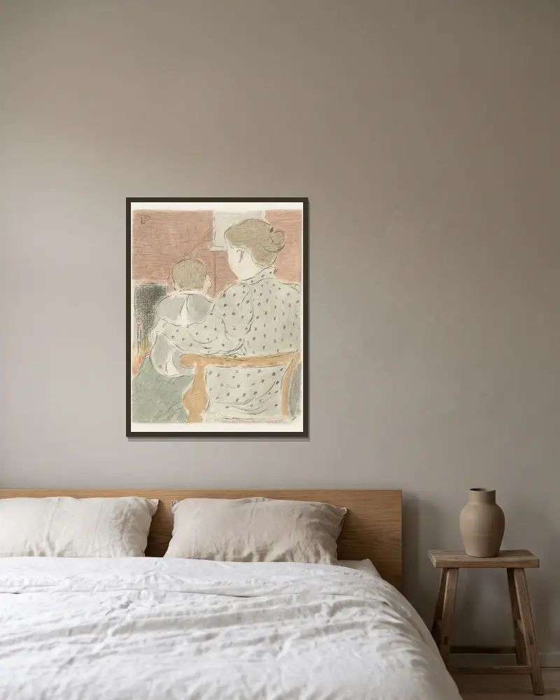 Moeder met kind av Lucien Pissarro inramad på en vägg