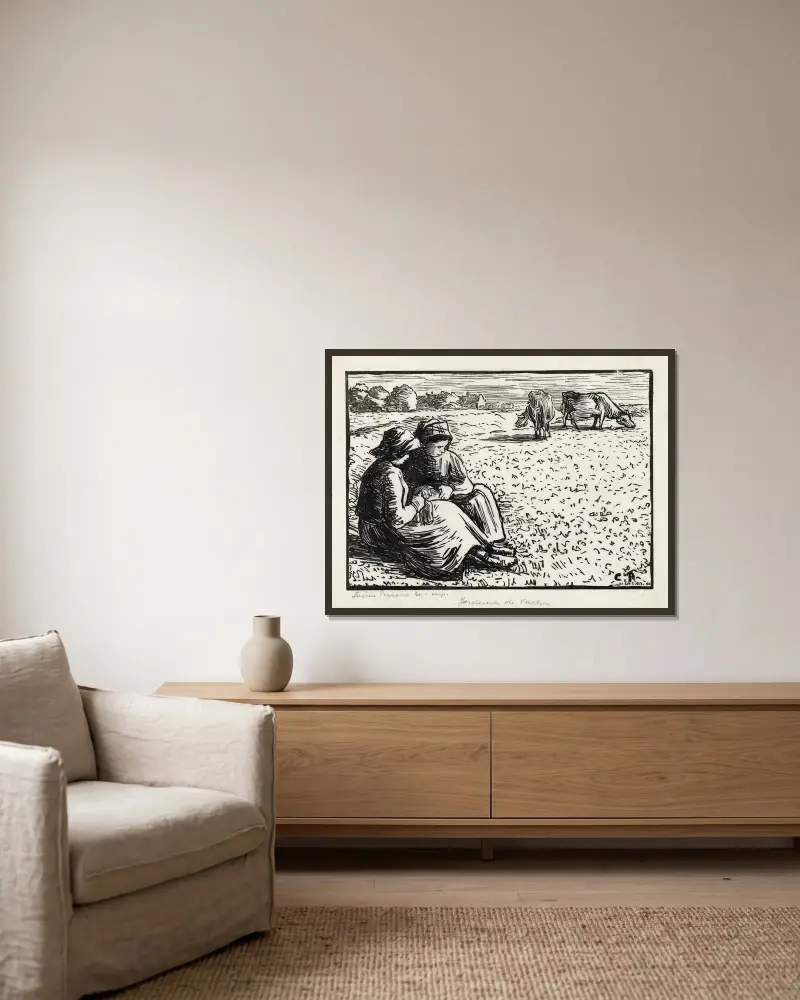 Twee veehoedsters av Lucien Pissarro inramad på en vägg