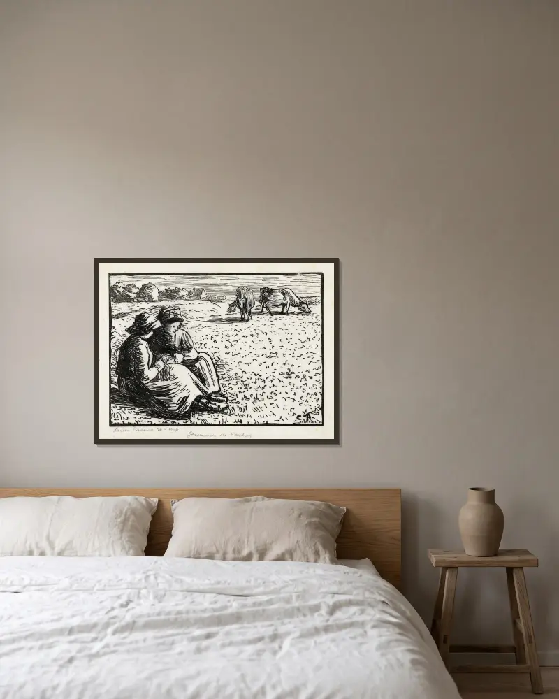 Twee veehoedsters av Lucien Pissarro inramad på en vägg