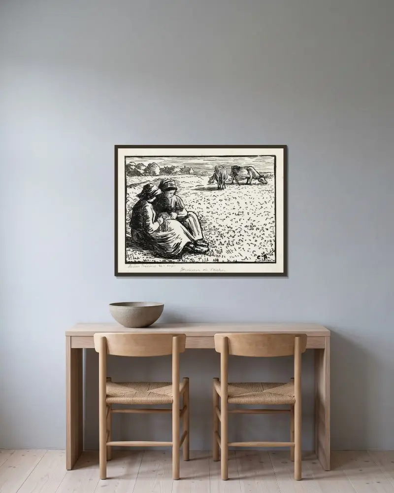Twee veehoedsters av Lucien Pissarro inramad på en vägg