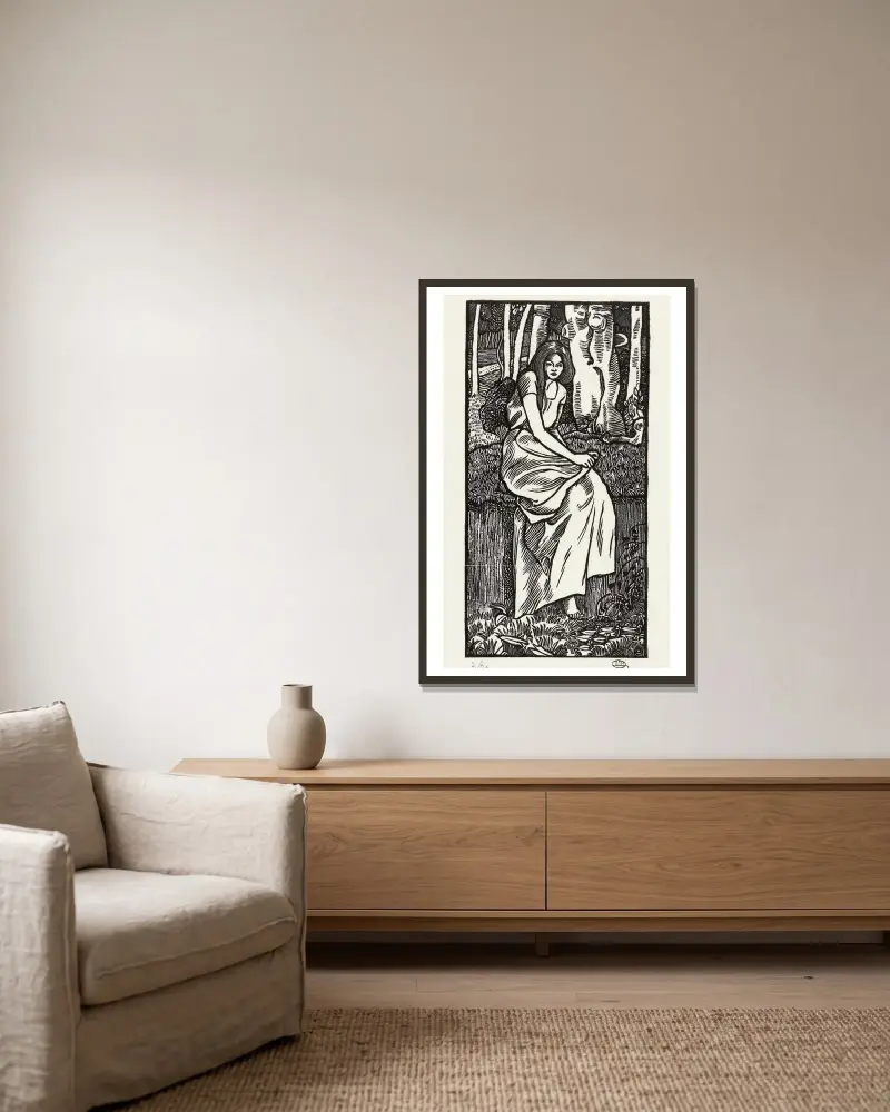 Vrouw in een bos av Lucien Pissarro inramad på en vägg