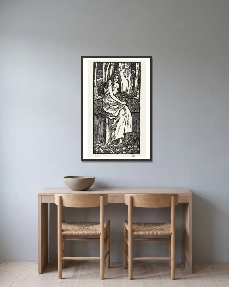 Vrouw in een bos av Lucien Pissarro inramad på en vägg