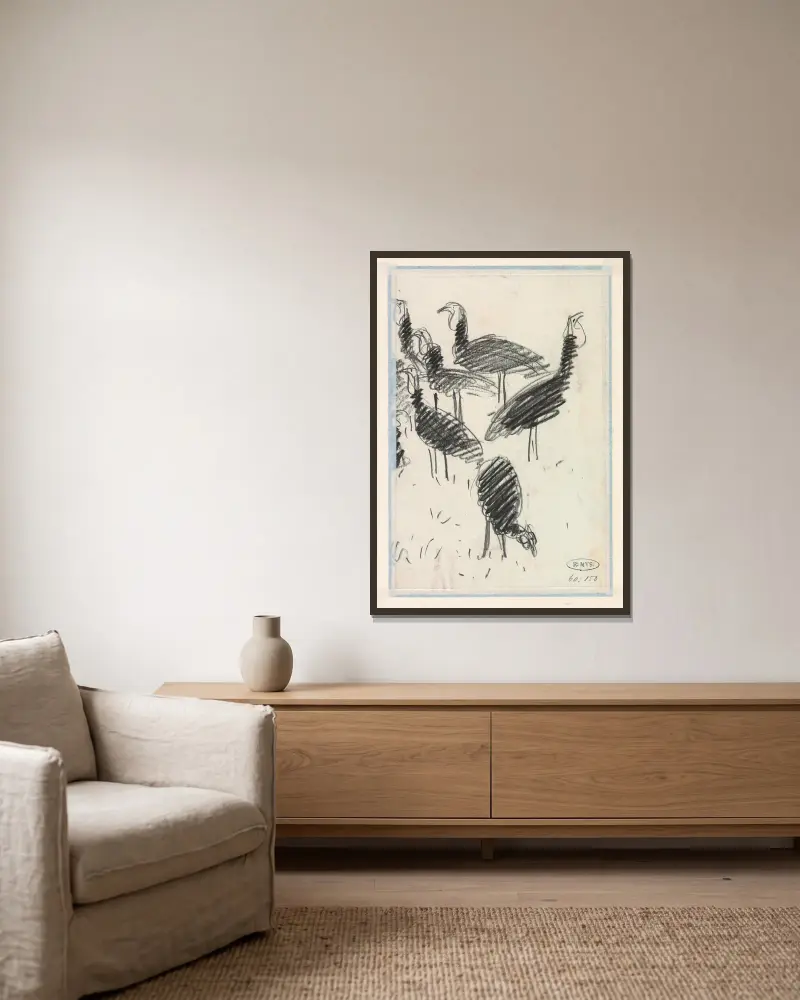 Zes vogels av Lucien Pissarro inramad på en vägg