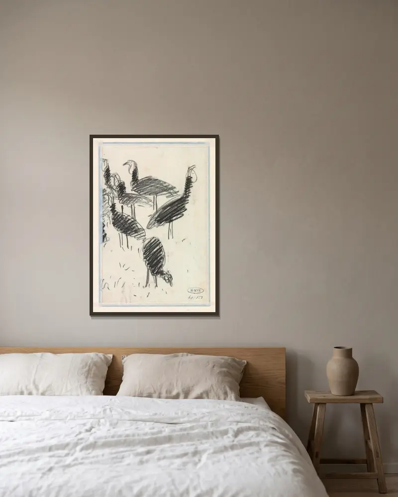 Zes vogels av Lucien Pissarro inramad på en vägg