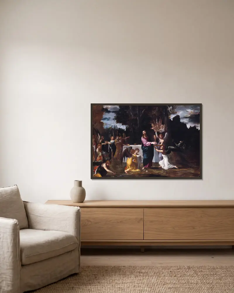 Christ in the Wilderness, Served by Angels av Ludovico Carracci inramad på en vägg